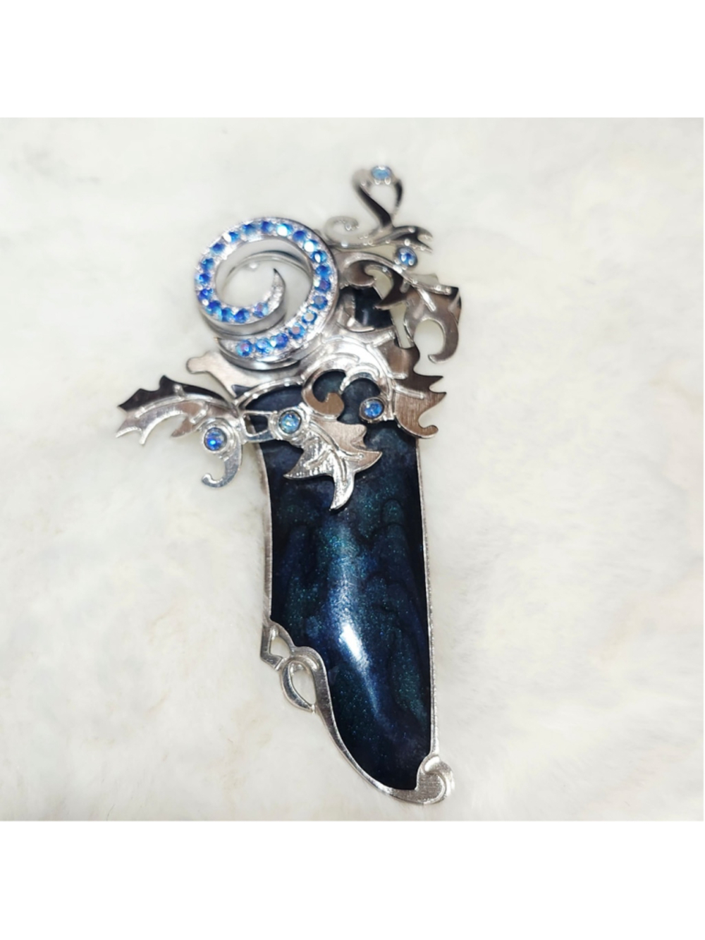 Vintage Berebi Enamel and Silver Metal with Blue Rhinestone Brooch Pin